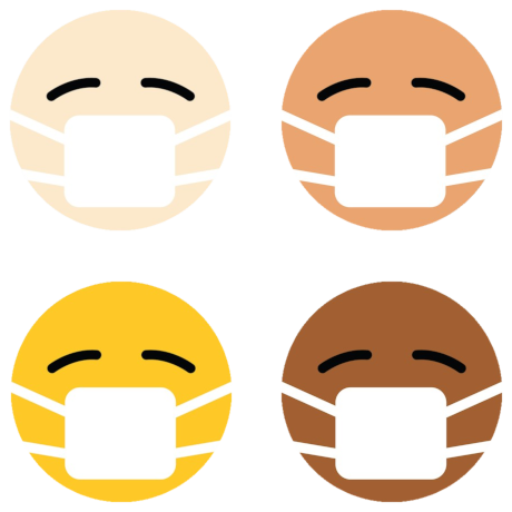 Stilisierte Symbolbilder im Emoji-Stil mit vier verschiedenen Gesichtern in unterschiedlichen Hautfarben, die alle eine Atemschutzmaske tragen.